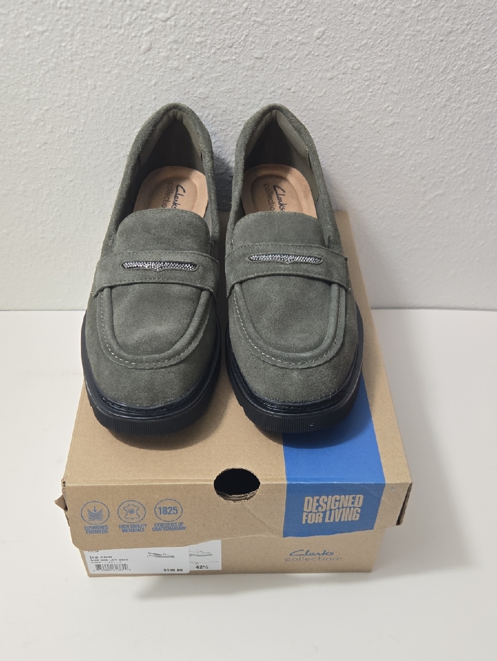 Clarks Olive Suede Penny Loafers